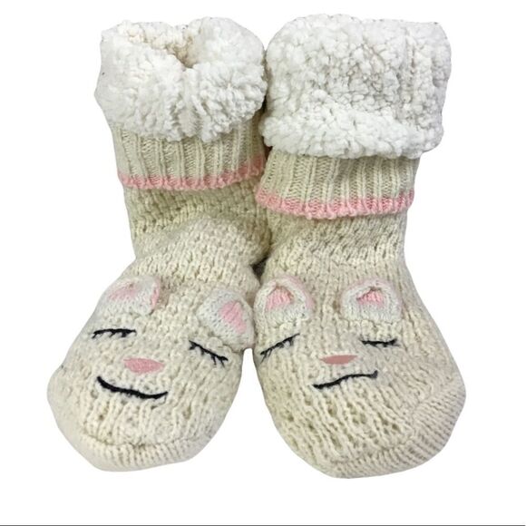 Jane and Bleecker Sherpa Lined Cream Animal Slipper Socks - Picture 1 of 4